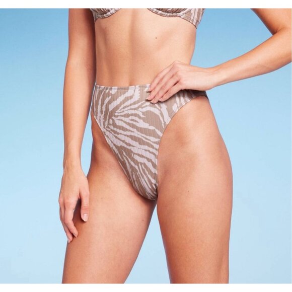 Wild Fable - Women's Ribbed High Waist High Leg Cheeky Bikini Bottom-Tan-XXS(00) - Picture 1 of 12